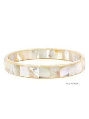 White Mother of Pearl Bangle Bracelet Women 8 Inch Link Chain